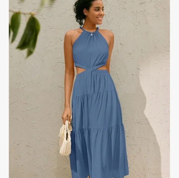 MIHOLL Dusty Blue Cutout Halter Maxi Dress - Picture 4 of 16